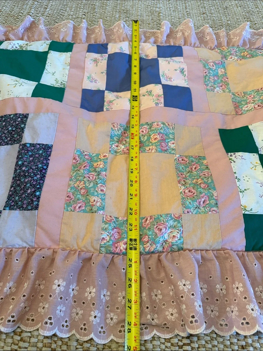 Handmade Pink Patchwork Quilted Pillowcase with Floral Accents